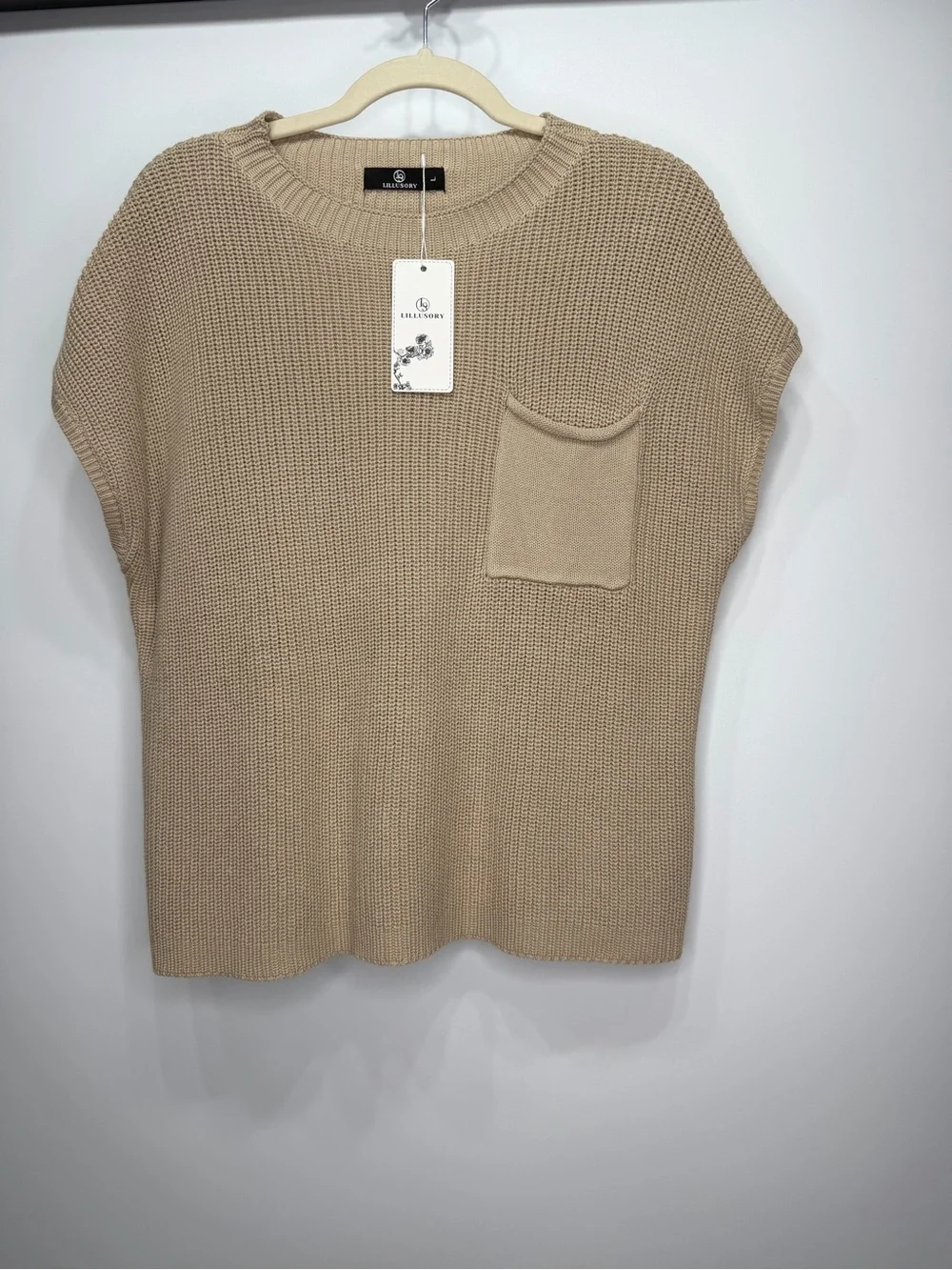 LILLUSORY 100% Cotton Sweater Top Large Beige Knit Sleeveless With Pocket - Picture 5 of 10